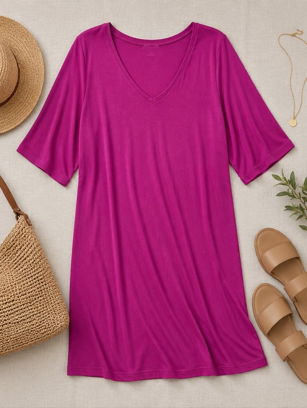Eileen Fisher Dress Large Pink Purple Magenta Fuchsia Jersey Knit V Neck Casual